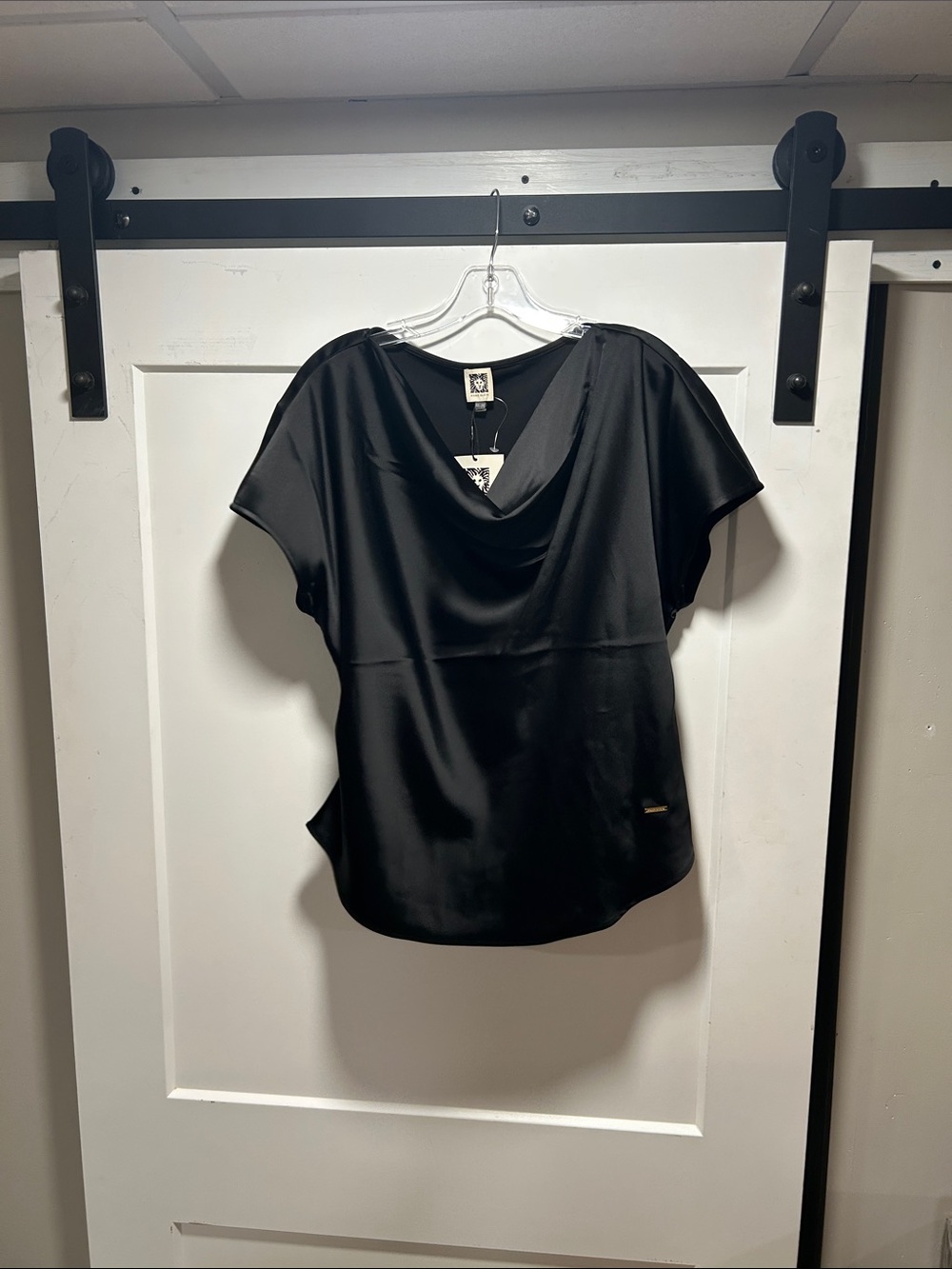 Anne Klein Black Satin Draped Cowl Neck Blouse